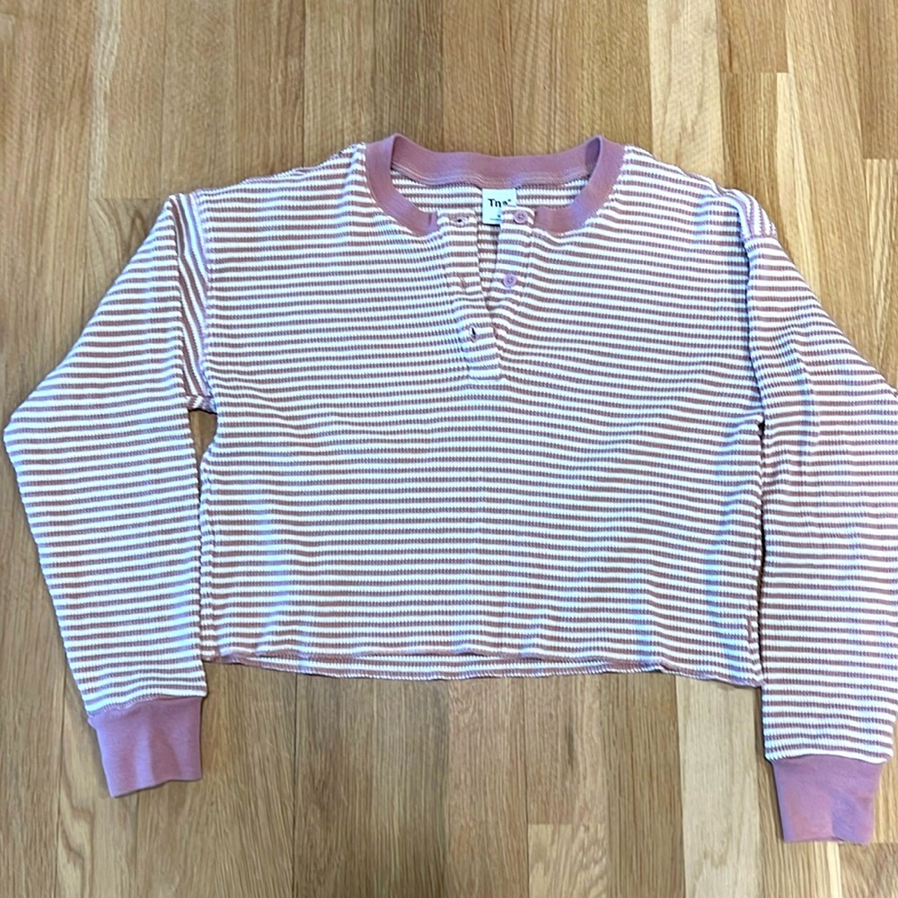 TNA Pink and White Striped Long Sleeve Henley Top